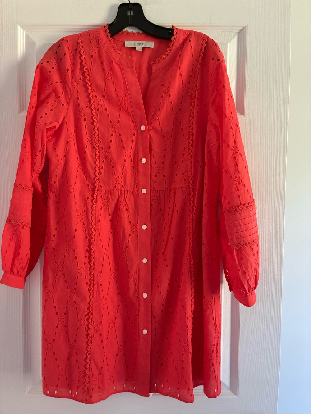 LOFT Coral Eyelet Button-Front Long Sleeve Dress